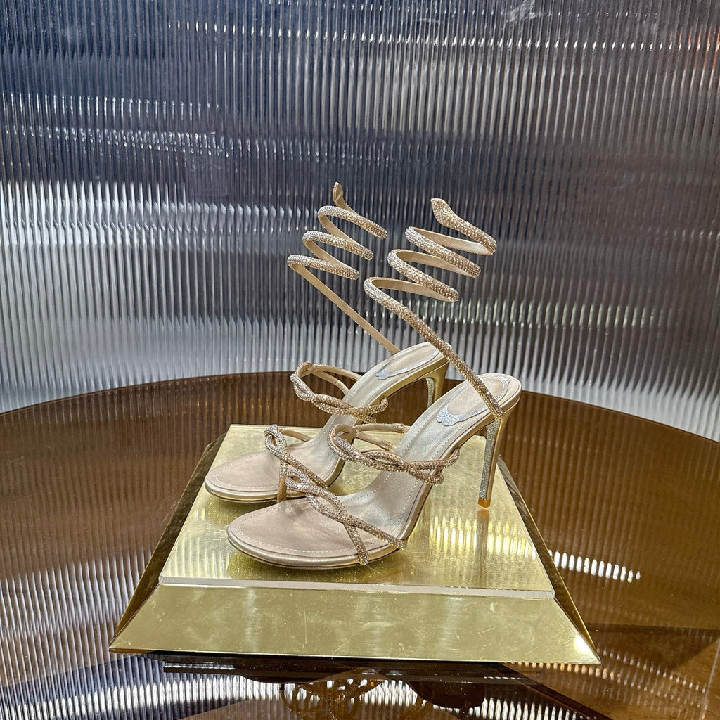 RENE CAOVILLA 26S CRYSTAL WRAP HEELS 95 MM IN LIGHT GOLD LAMBSKIN