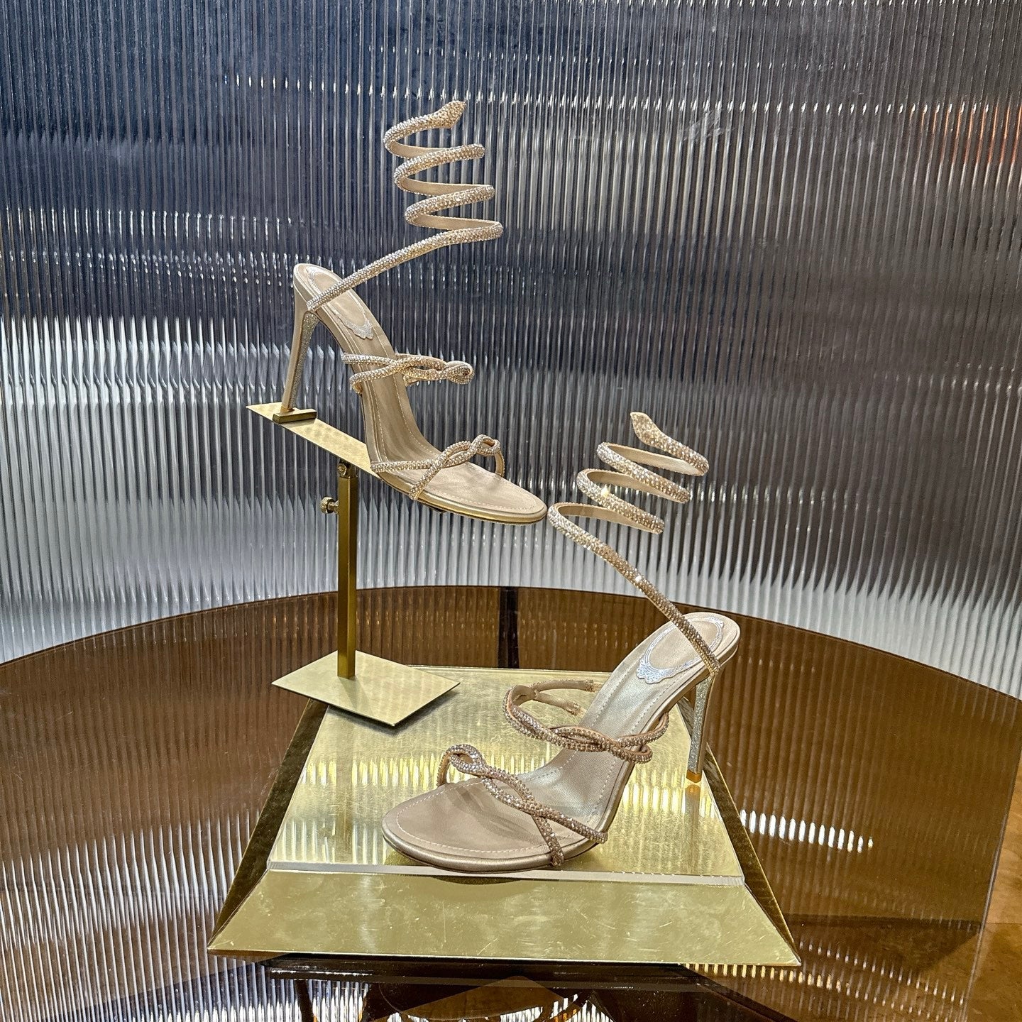 RENE CAOVILLA 26S CRYSTAL WRAP HEELS 95 MM IN LIGHT GOLD LAMBSKIN