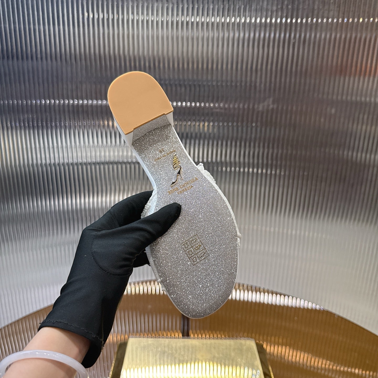RENE CAOVILLA 26S HIGH HEEL SLIDES 45 MM IN WHITE LACE STRAP FLOWER EMBELLISHED
