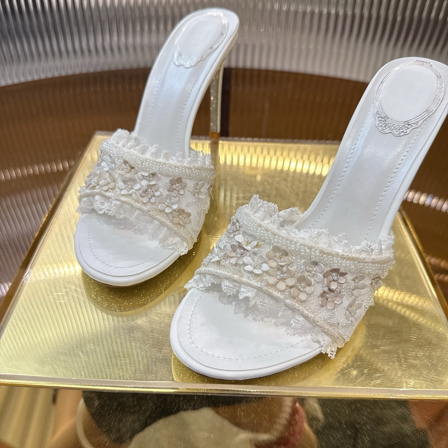 RENE CAOVILLA 26S HIGH HEEL SLIDES 75 MM IN WHITE LACE STRAP FLOWER EMBELLISHED