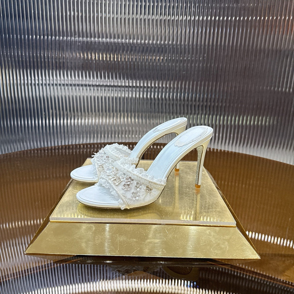 RENE CAOVILLA 26S HIGH HEEL SLIDES 75 MM IN WHITE LACE STRAP FLOWER EMBELLISHED