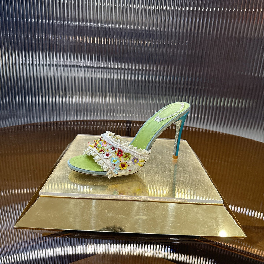 RENE CAOVILLA 26S HIGH HEEL SLIDES 75 MM IN MUTICOLOR LACE STRAP FLOWER EMBELLISHED