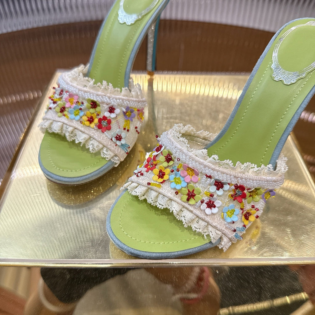 RENE CAOVILLA 26S HIGH HEEL SLIDES 75 MM IN MUTICOLOR LACE STRAP FLOWER EMBELLISHED