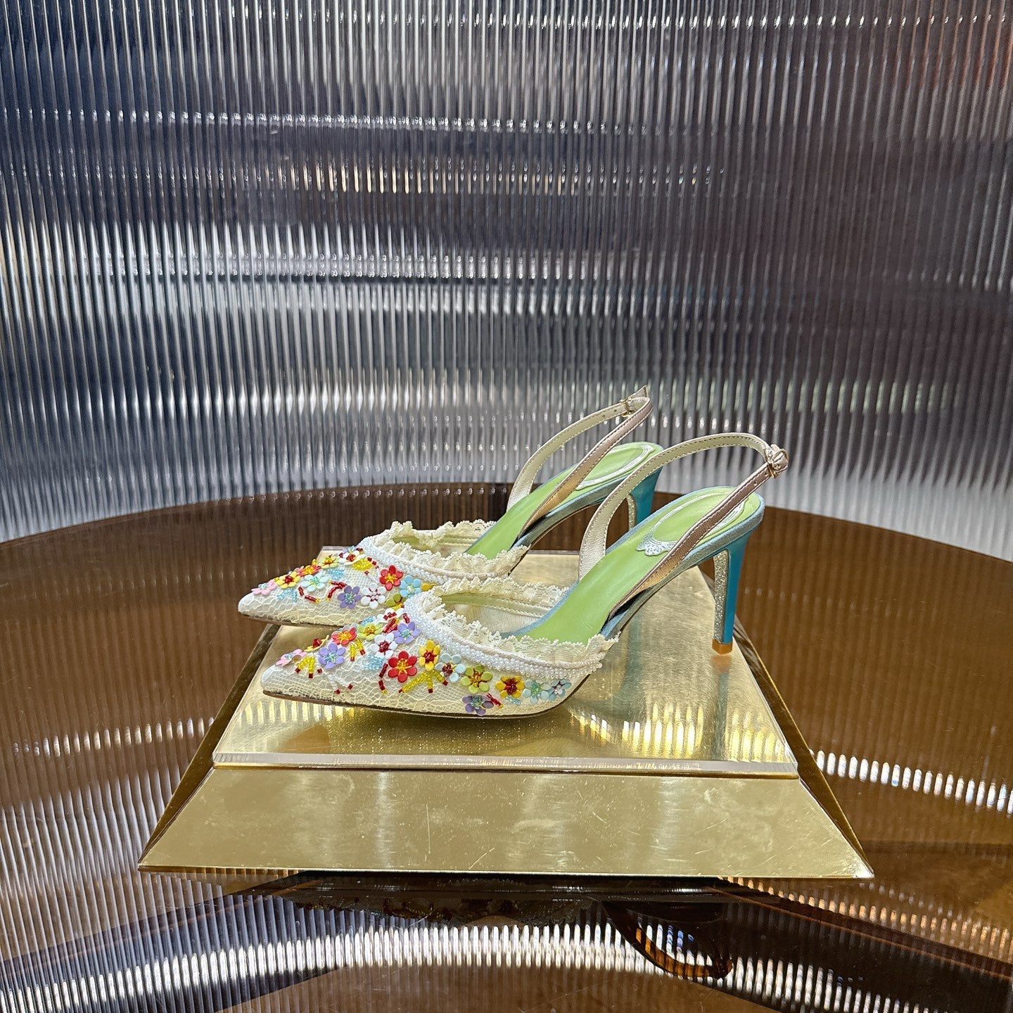 RENE CAOVILLA 26S SLINGBACK 75 MM IN MUTICOLOR LACE STRAP FLOWER EMBELLISHED