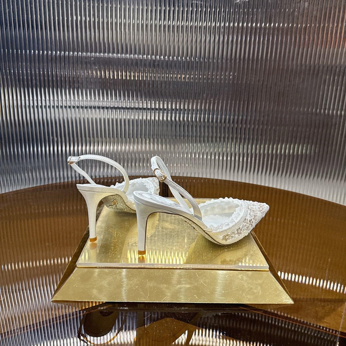 RENE CAOVILLA 26S SLINGBACK 75 MM IN WHITE LACE STRAP FLOWER EMBELLISHED