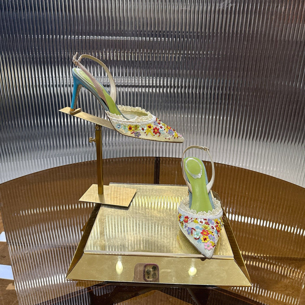 RENE CAOVILLA 26S SLINGBACK 75 MM IN MUTICOLOR LACE STRAP FLOWER EMBELLISHED