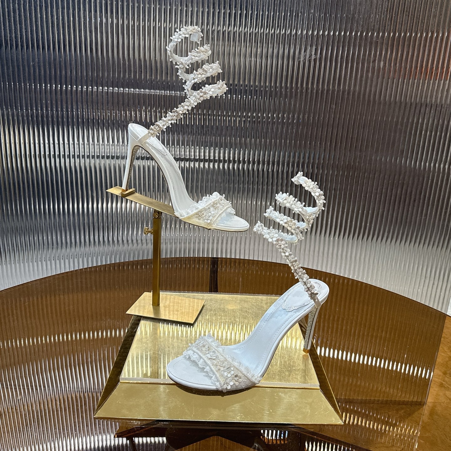 RENE CAOVILLA 26S CLEO HIGH HEELS SANDALS 95 MM IN WHITE LACE STRAP FLOWER EMBELLISHED
