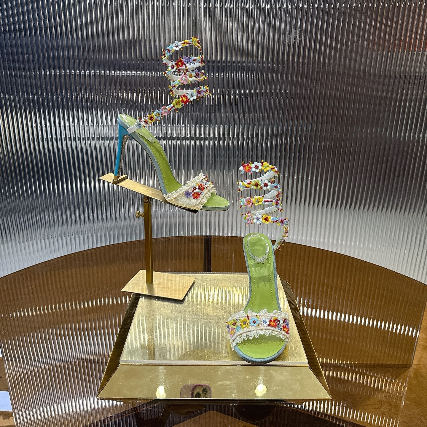 RENE CAOVILLA 26S CLEO HIGH HEELS SANDALS 95 MM IN MUTICOLOR LACE STRAP FLOWER EMBELLISHED