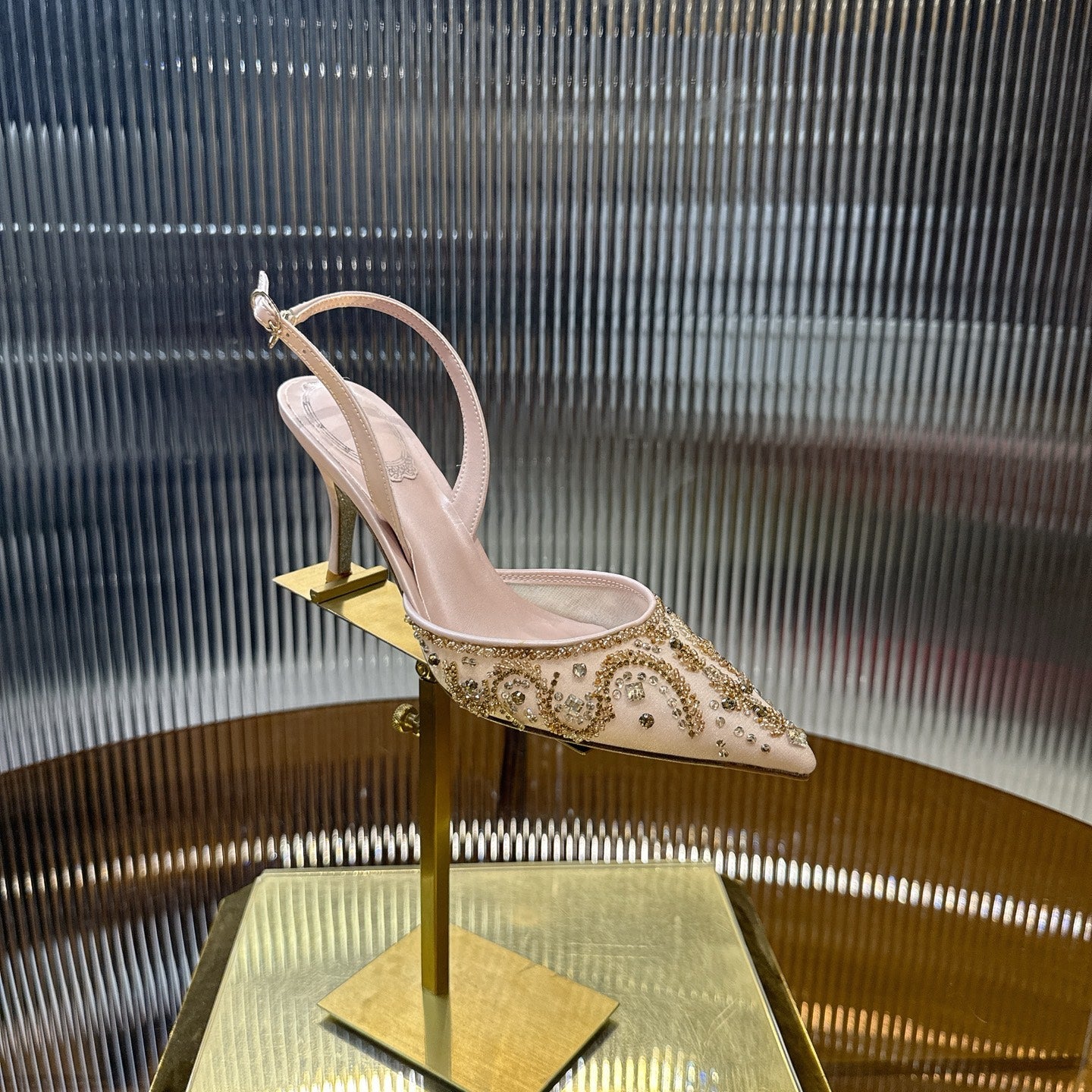 RENE CAOVILLA 26S SLINGBACK HIGH HEELS 75 MM IN LIGHT BEIGE BEADED EMBELLISHED
