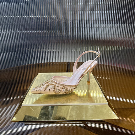 RENE CAOVILLA 26S SLINGBACK HIGH HEELS 75 MM IN LIGHT BEIGE BEADED EMBELLISHED