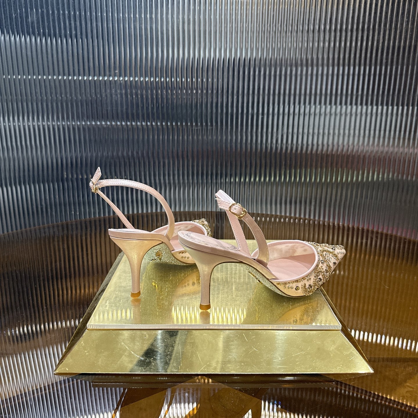 RENE CAOVILLA 26S SLINGBACK HIGH HEELS 75 MM IN LIGHT BEIGE BEADED EMBELLISHED