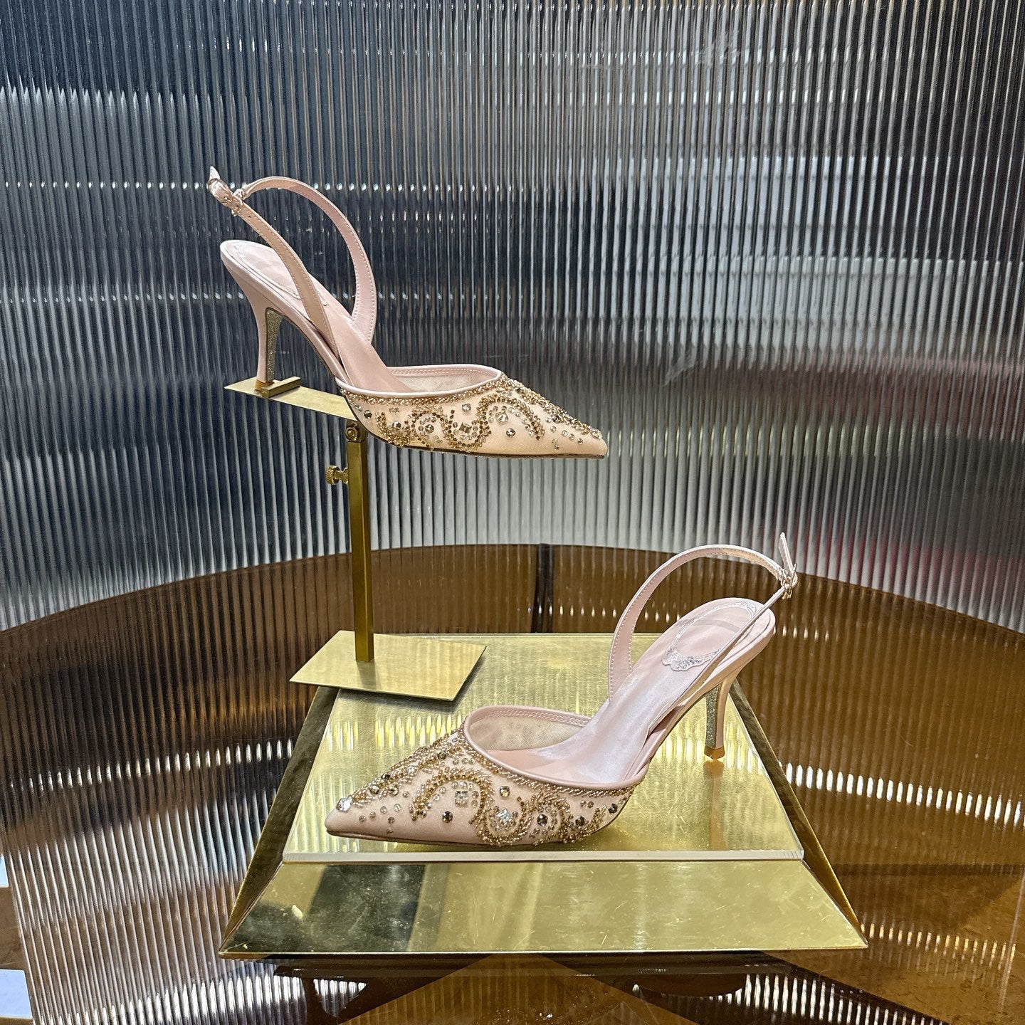 RENE CAOVILLA 26S SLINGBACK HIGH HEELS 75 MM IN LIGHT BEIGE BEADED EMBELLISHED