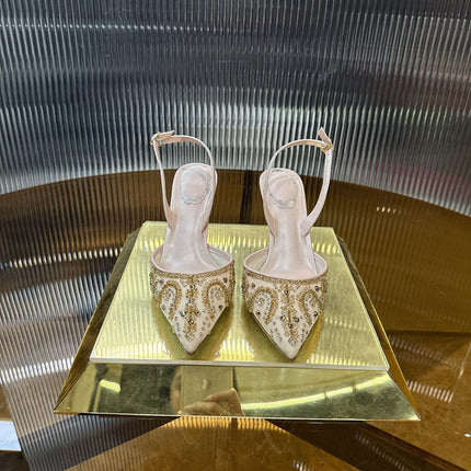 RENE CAOVILLA 26S SLINGBACK HIGH HEELS 75 MM IN LIGHT BEIGE BEADED EMBELLISHED
