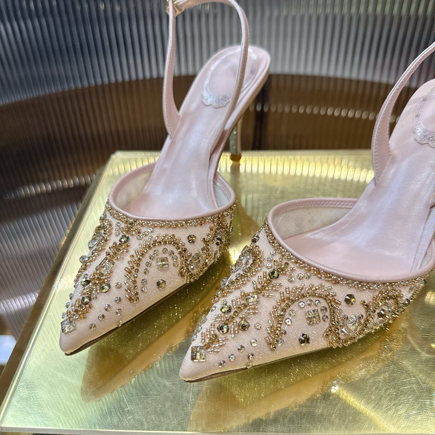 RENE CAOVILLA 26S SLINGBACK HIGH HEELS 75 MM IN LIGHT BEIGE BEADED EMBELLISHED
