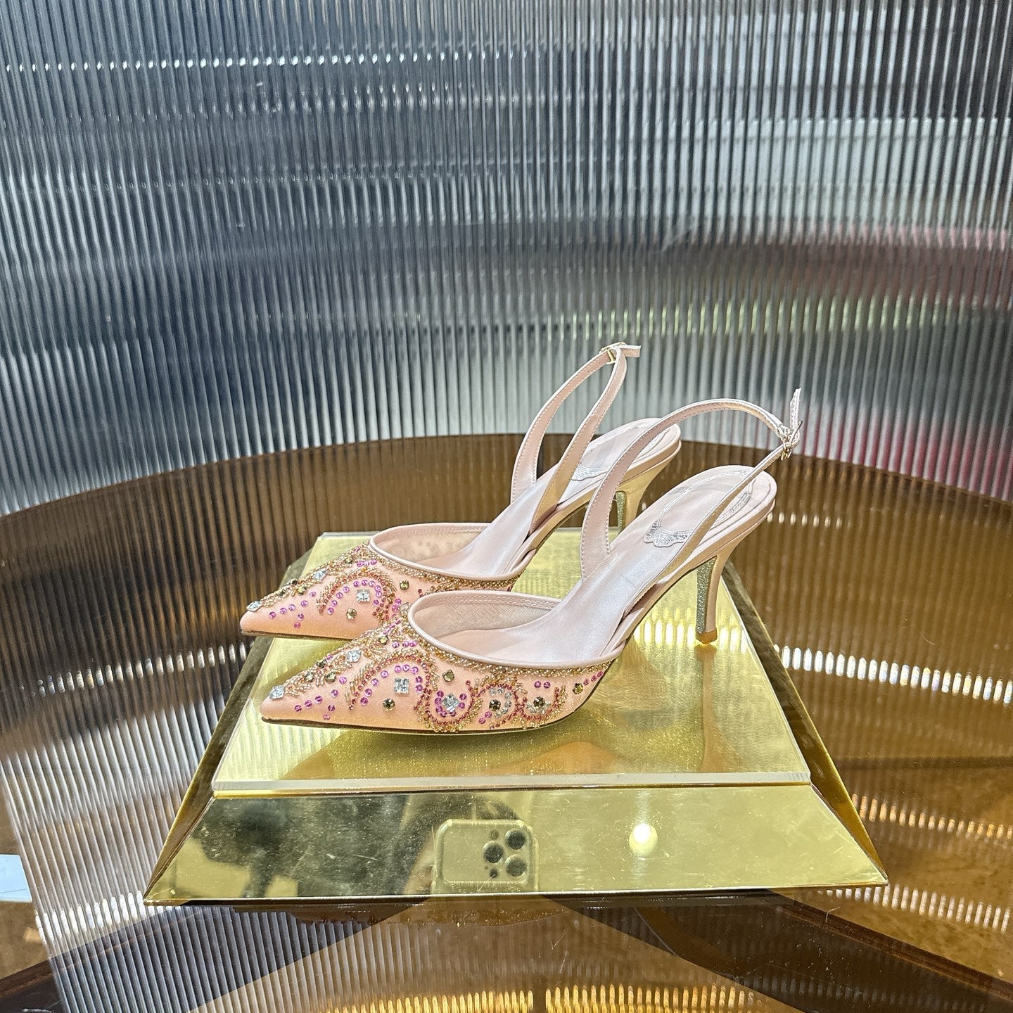 RENE CAOVILLA 26S SLINGBACK HIGH HEELS 75 MM IN PASTEL PINK BEADED EMBELLISHED