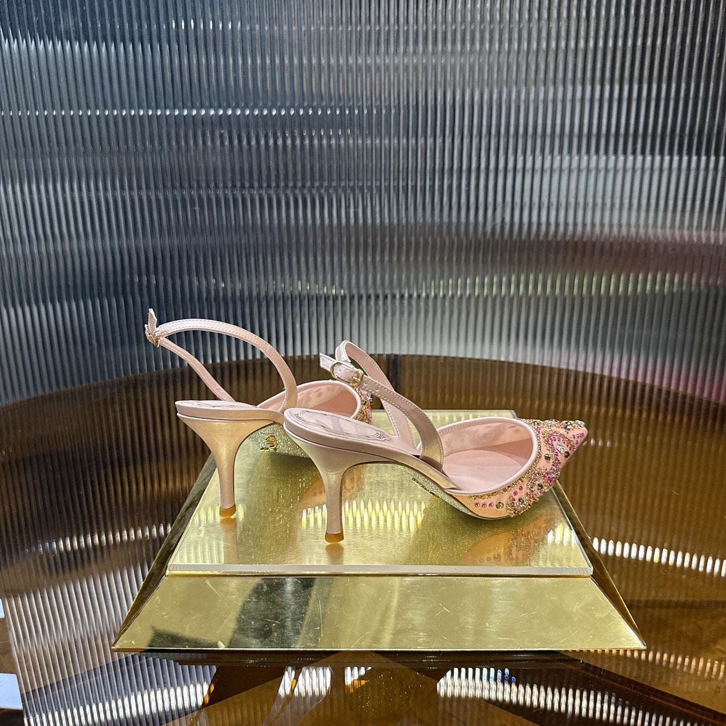 RENE CAOVILLA 26S SLINGBACK HIGH HEELS 75 MM IN PASTEL PINK BEADED EMBELLISHED