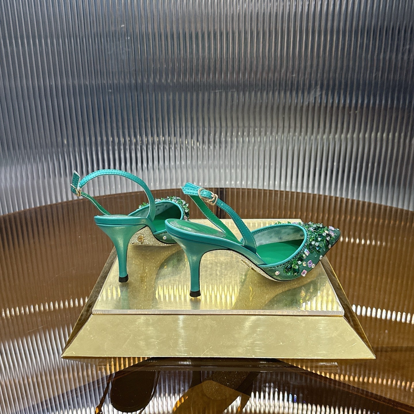 RENE CAOVILLA 26S SLINGBACK HIGH HEELS 75 MM IN GREEN CRYSTAL EMBELLISHED