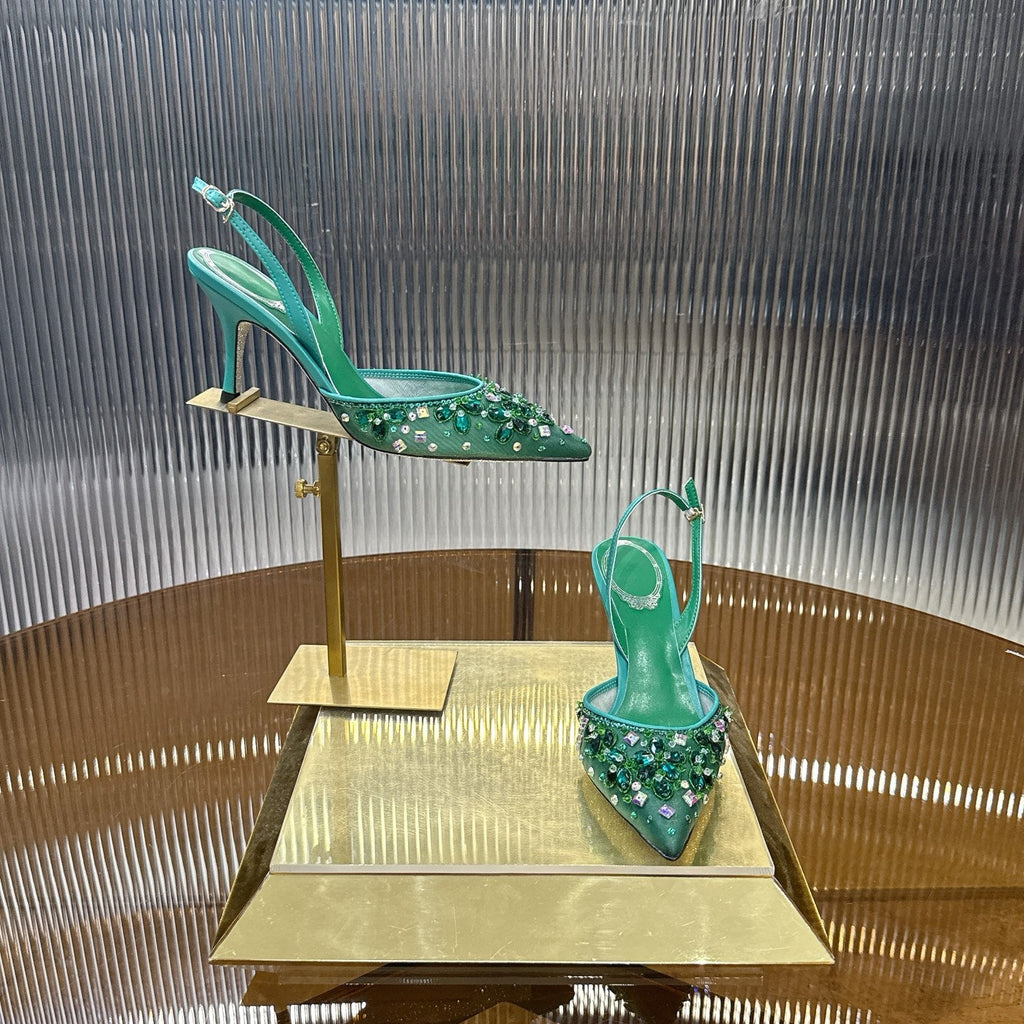 RENE CAOVILLA 26S SLINGBACK HIGH HEELS 75 MM IN GREEN CRYSTAL EMBELLISHED