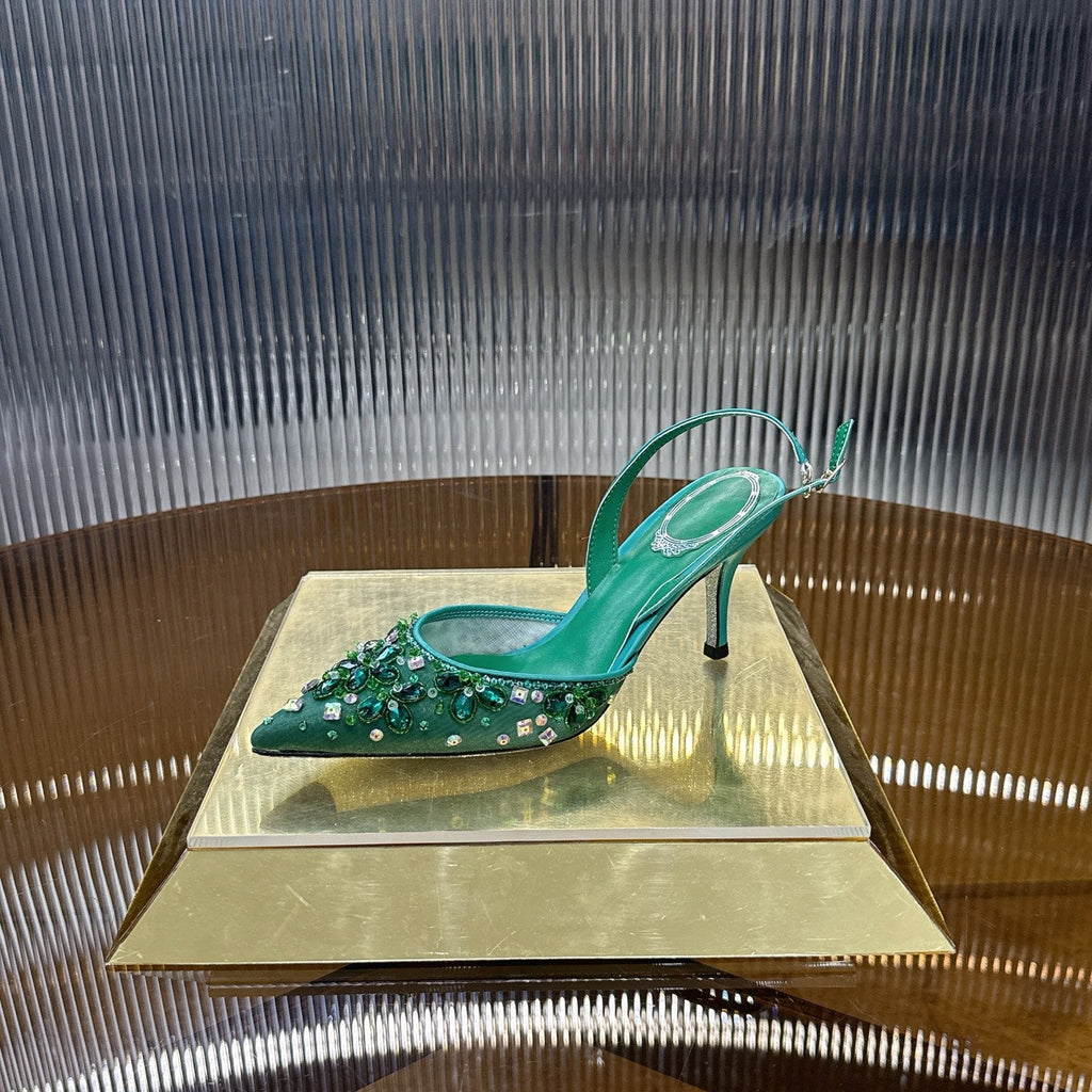 RENE CAOVILLA 26S SLINGBACK HIGH HEELS 75 MM IN GREEN CRYSTAL EMBELLISHED