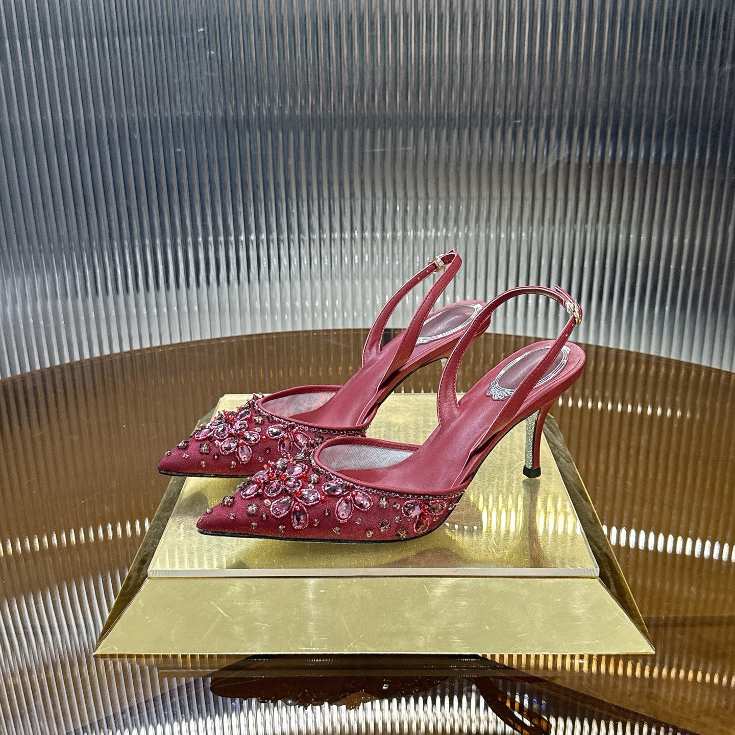 RENE CAOVILLA 26S SLINGBACK HIGH HEELS 75 MM IN DARK RED CRYSTAL EMBELLISHED