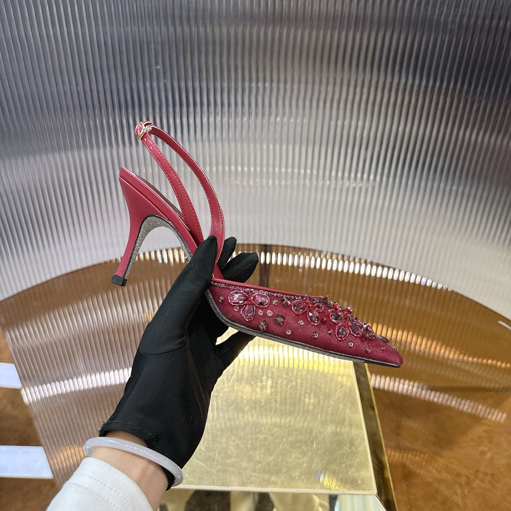 RENE CAOVILLA 26S SLINGBACK HIGH HEELS 75 MM IN DARK RED CRYSTAL EMBELLISHED