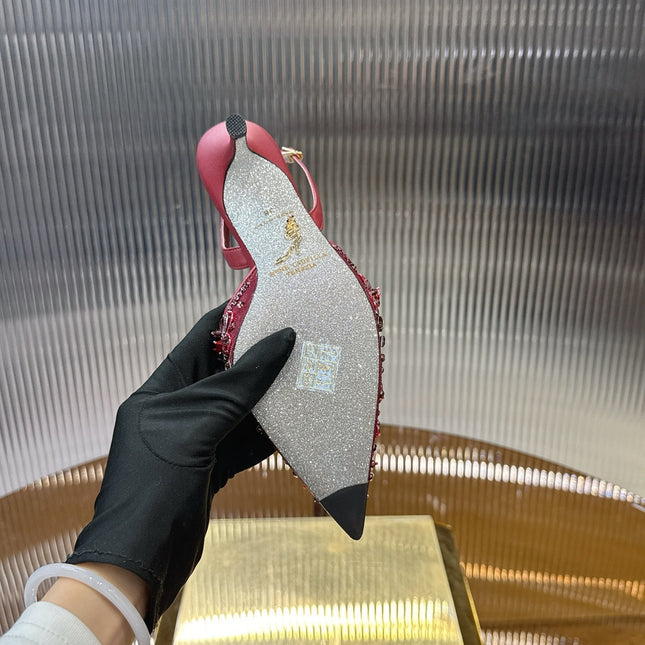 RENE CAOVILLA 26S SLINGBACK HIGH HEELS 75 MM IN DARK RED CRYSTAL EMBELLISHED