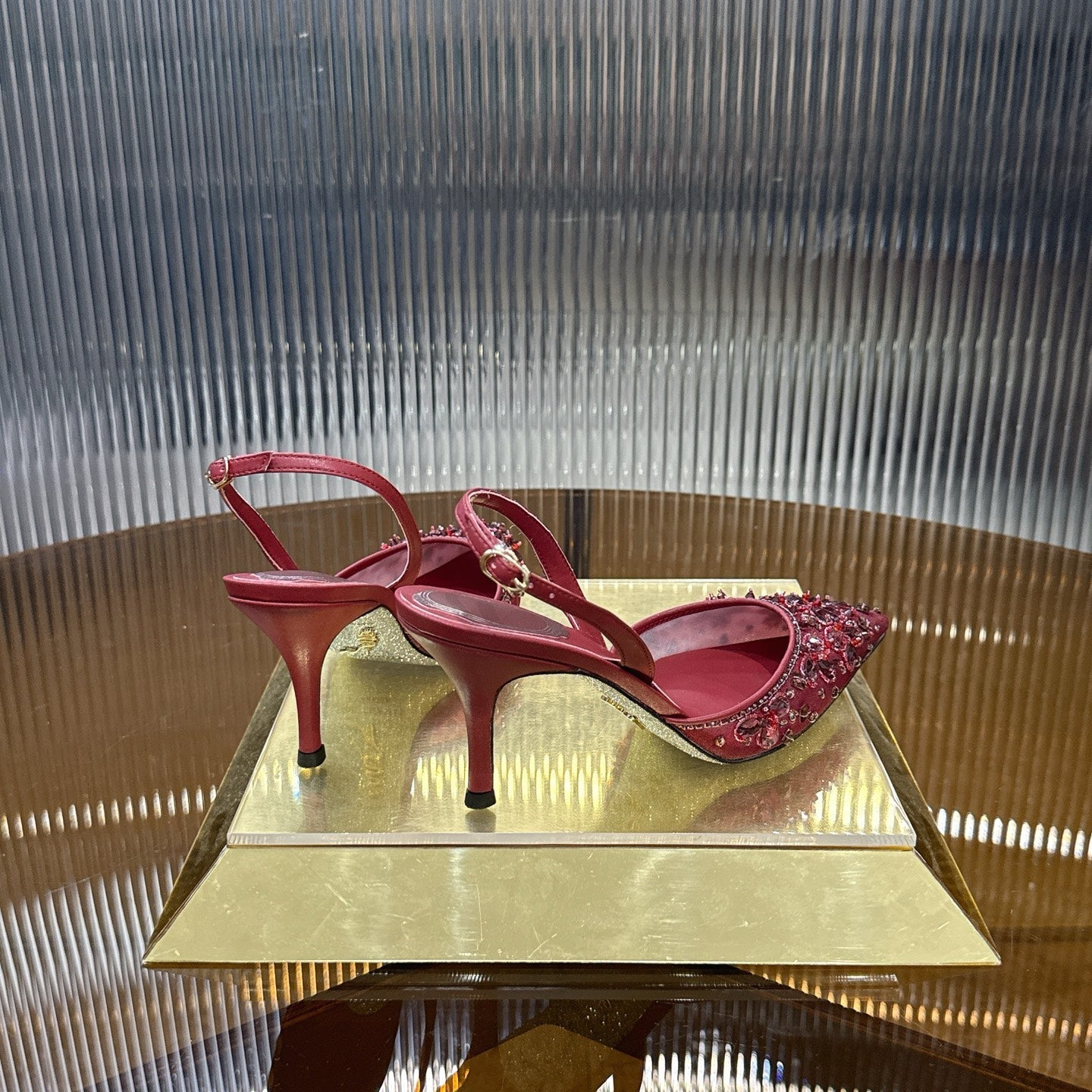 RENE CAOVILLA 26S SLINGBACK HIGH HEELS 75 MM IN DARK RED CRYSTAL EMBELLISHED