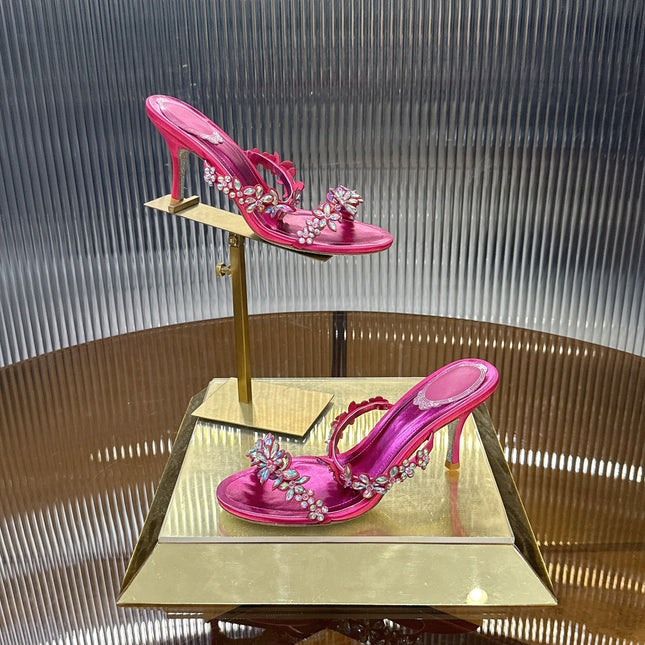 RENE CAOVILLA 26S HEEL SANDALS 75 MM IN DARK METALLIC PINK LAMBSKIN CRYSTAL FLOWER EMBELLISHMENTS
