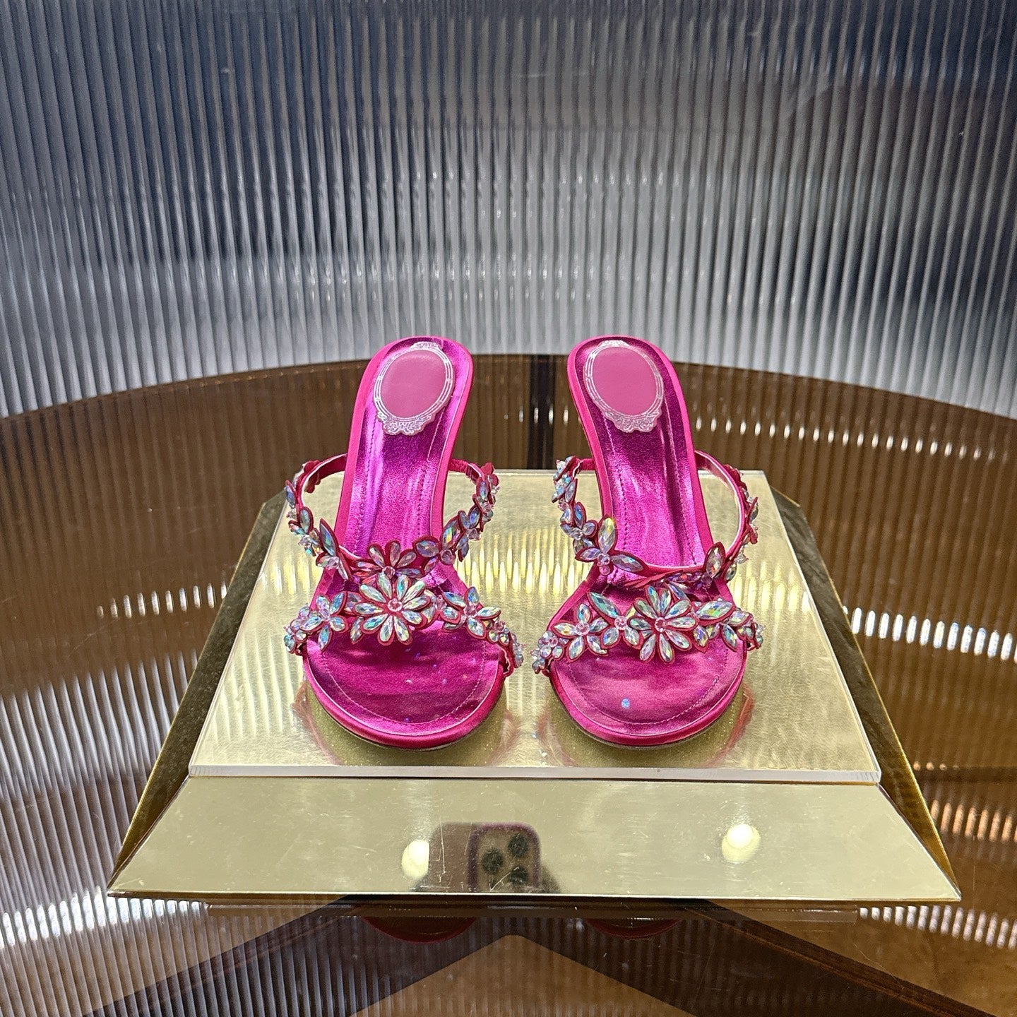 RENE CAOVILLA 26S HEEL SANDALS 75 MM IN DARK METALLIC PINK LAMBSKIN CRYSTAL FLOWER EMBELLISHMENTS