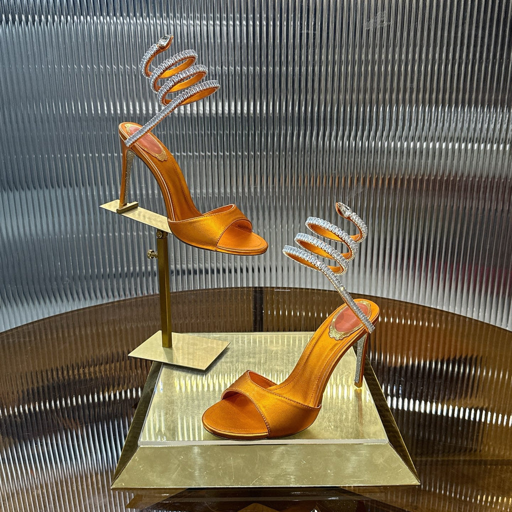 RENE CAOVILLA 26S HEELED SANDALS 95 MM IN DARK ORANGE LAMBSKIN