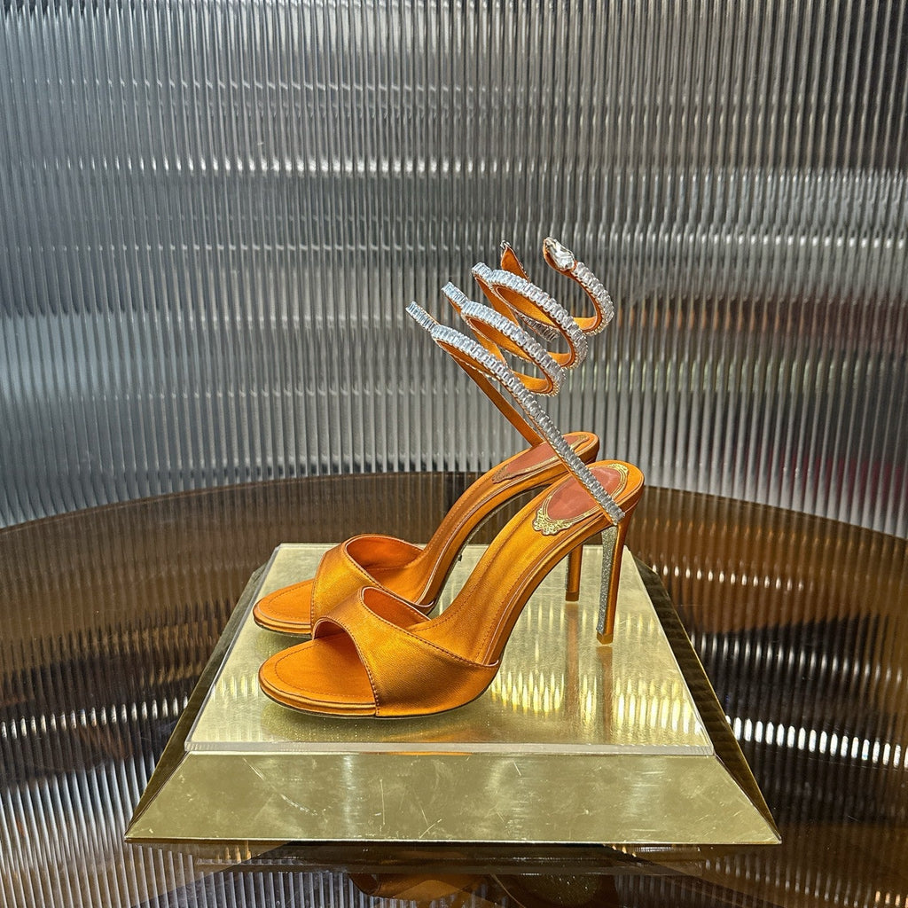 RENE CAOVILLA 26S HEELED SANDALS 95 MM IN DARK ORANGE LAMBSKIN