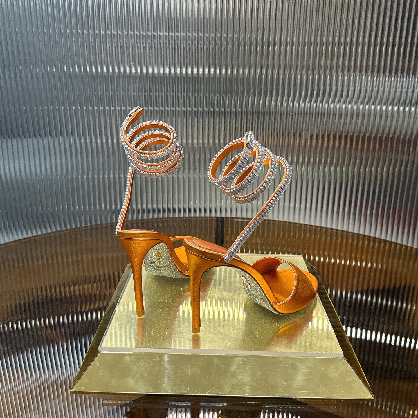 RENE CAOVILLA 26S HEELED SANDALS 95 MM IN DARK ORANGE LAMBSKIN