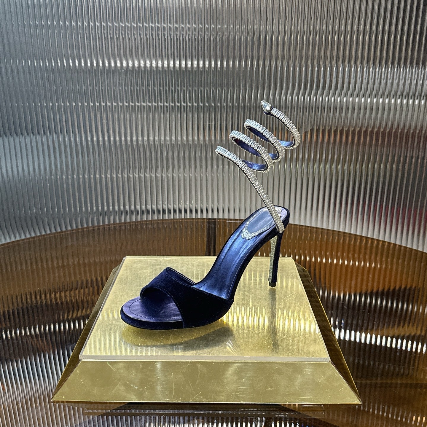 RENE CAOVILLA 26S HEELED SANDALS 95 MM IN NAVY BLUE VELVET