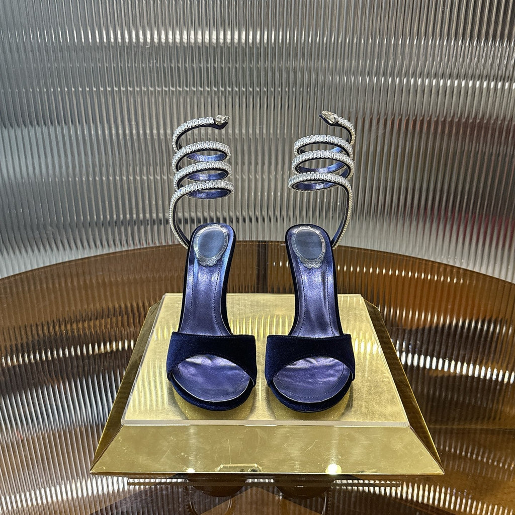 RENE CAOVILLA 26S HEELED SANDALS 95 MM IN NAVY BLUE VELVET