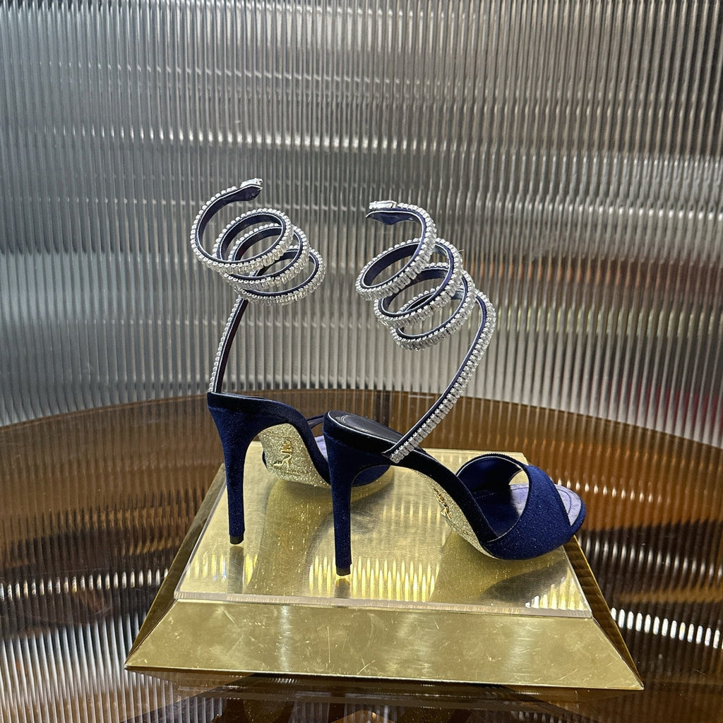 RENE CAOVILLA 26S HEELED SANDALS 95 MM IN NAVY BLUE VELVET
