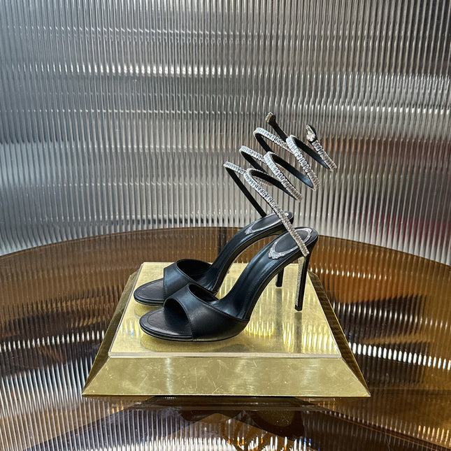 RENE CAOVILLA 26S HEELED SANDALS 95 MM IN BLACK LAMBSKIN