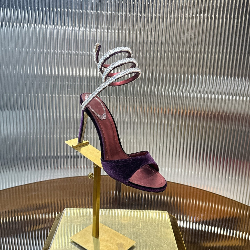 RENE CAOVILLA 26S CRYSTAL WRAP HEELS 95 MM IN DARK RED VELVET