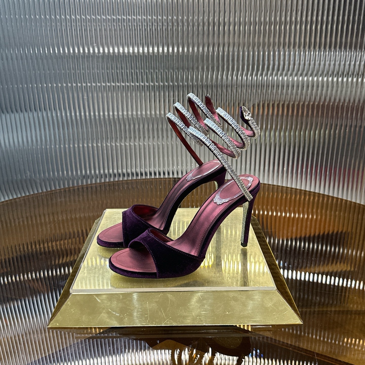 RENE CAOVILLA 26S CRYSTAL WRAP HEELS 95 MM IN DARK RED VELVET