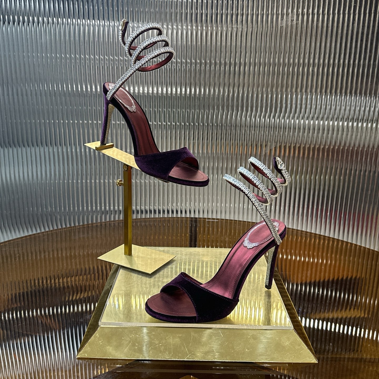 RENE CAOVILLA 26S CRYSTAL WRAP HEELS 95 MM IN DARK RED VELVET