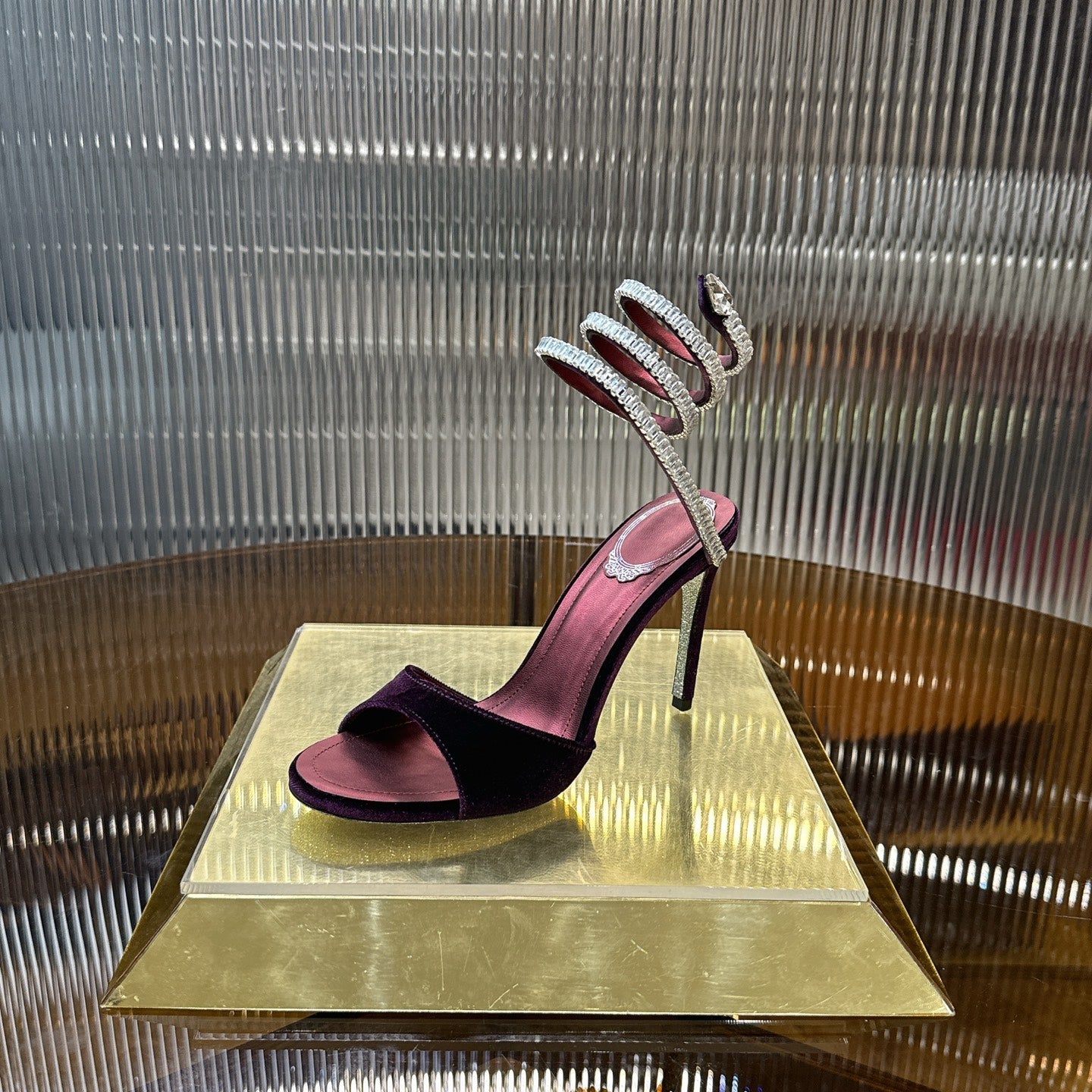 RENE CAOVILLA 26S CRYSTAL WRAP HEELS 95 MM IN DARK RED VELVET
