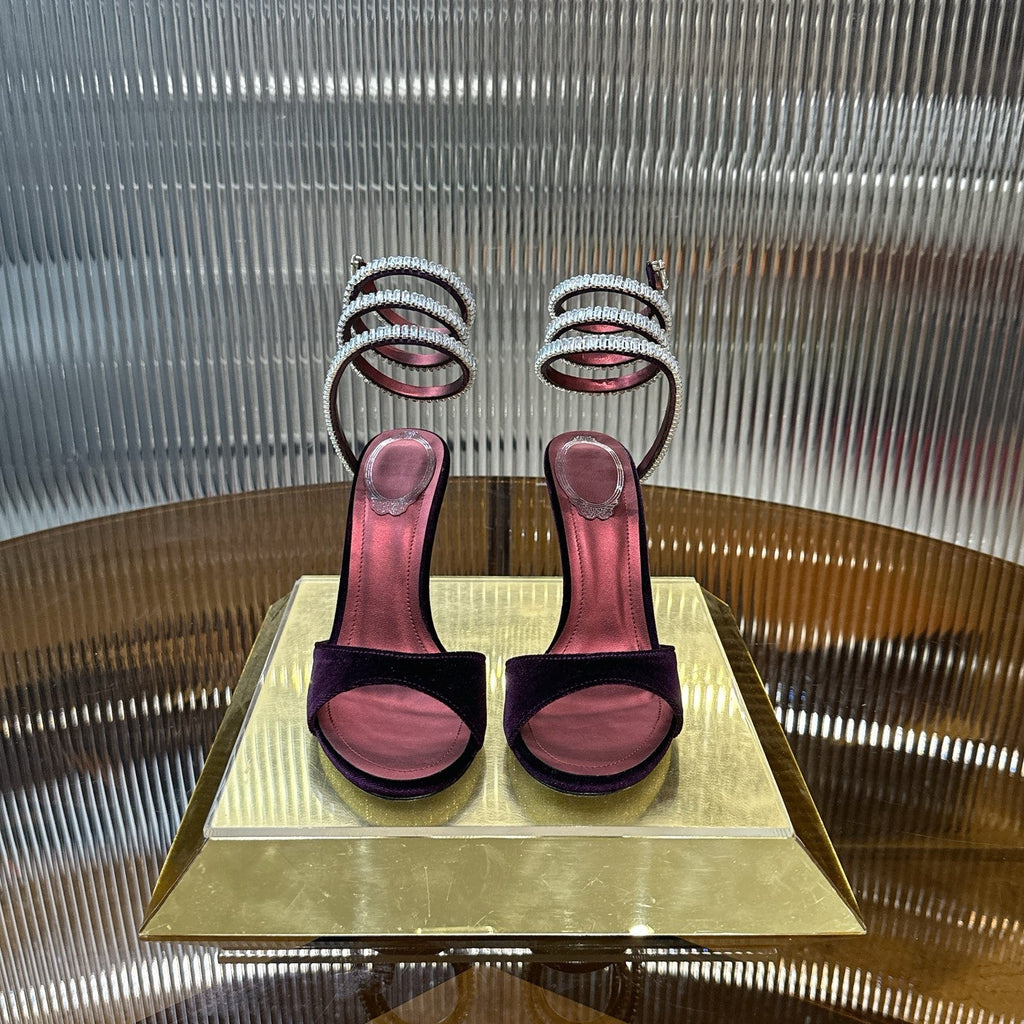 RENE CAOVILLA 26S CRYSTAL WRAP HEELS 95 MM IN DARK RED VELVET