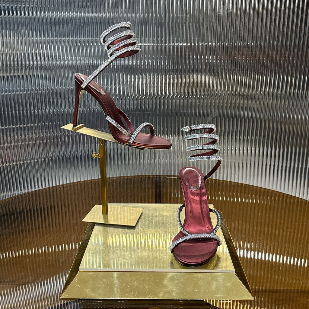 RENE CAOVILLA 26S STILETTO SANDALS 95 MM IN DARK RED LAMBSKIN