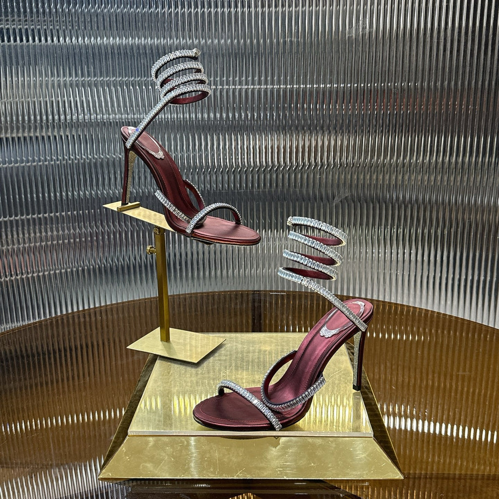 RENE CAOVILLA 26S STILETTO SANDALS 95 MM IN DARK RED LAMBSKIN