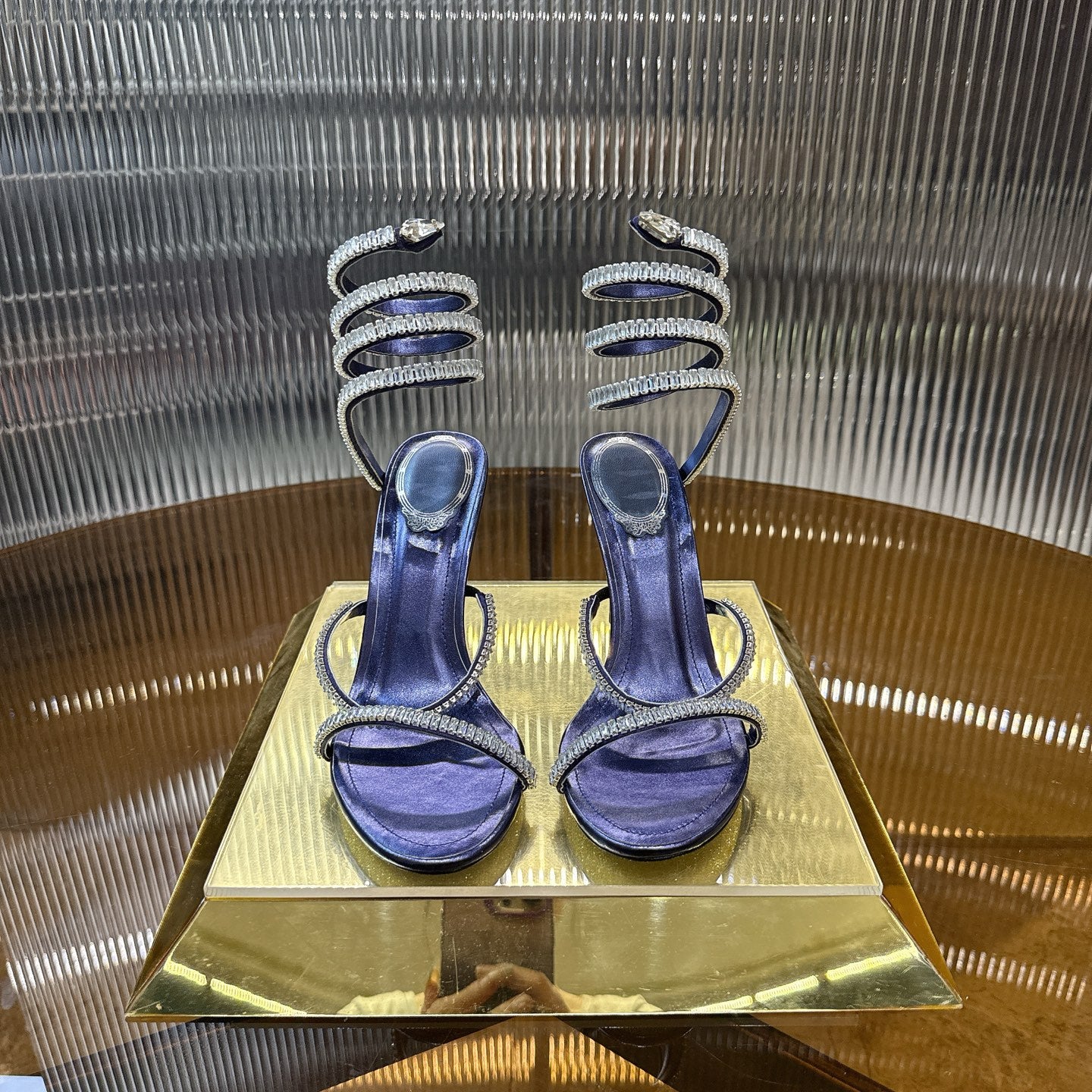 RENE CAOVILLA 26S STILETTO SANDALS 95 MM IN NAVY BLUE LAMBSKIN