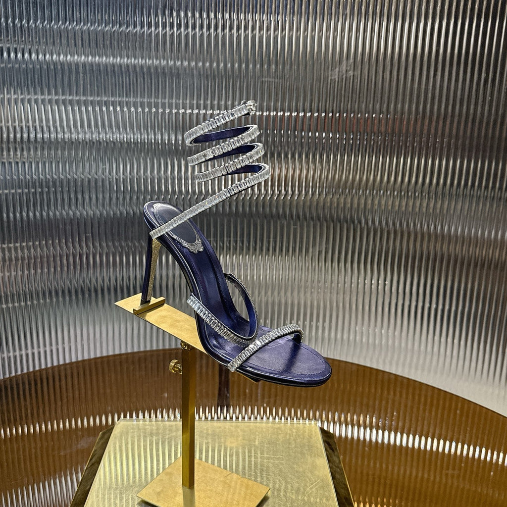RENE CAOVILLA 26S STILETTO SANDALS 95 MM IN NAVY BLUE LAMBSKIN