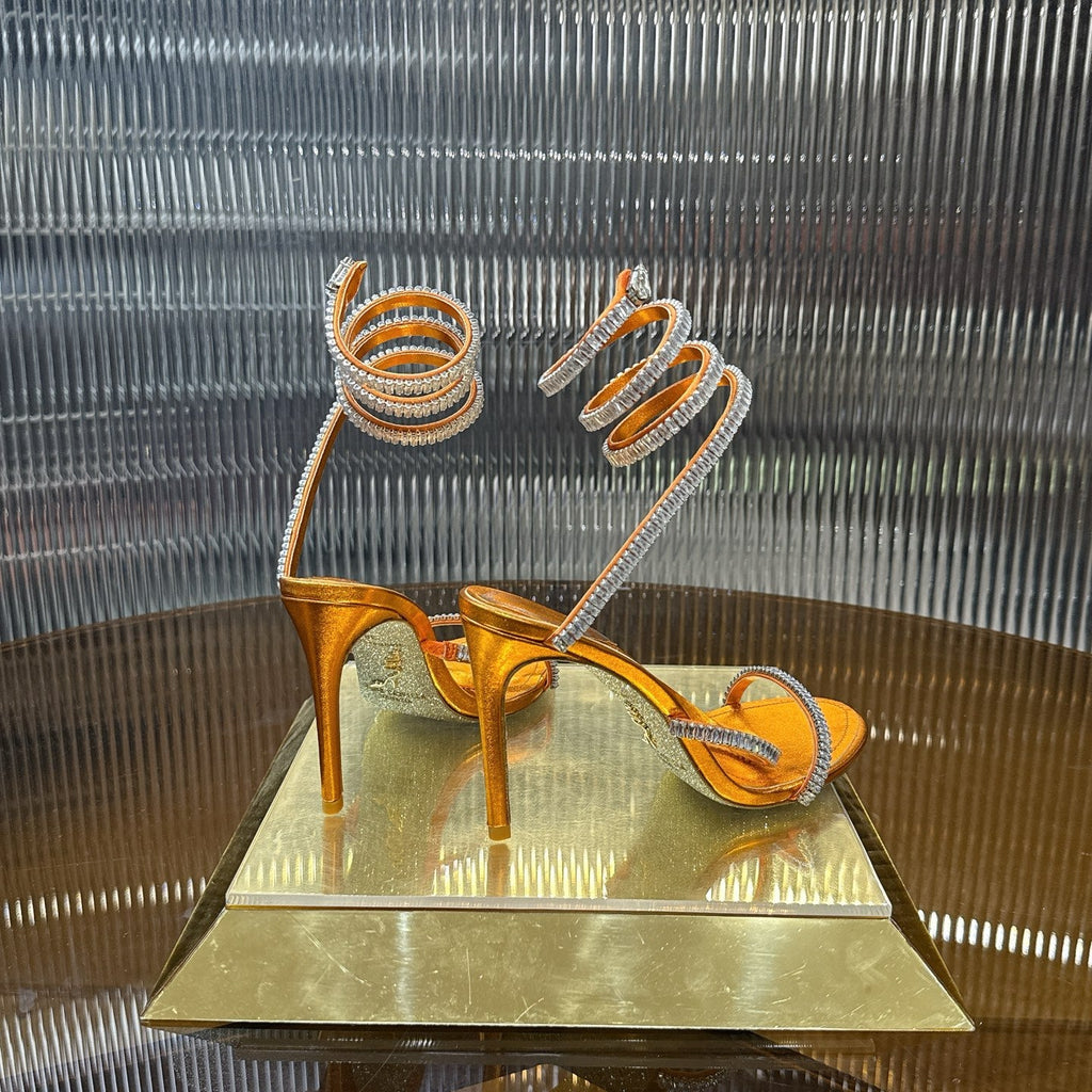 RENE CAOVILLA 26S STILETTO SANDALS 95 MM IN DARK ORANGE LAMBSKIN