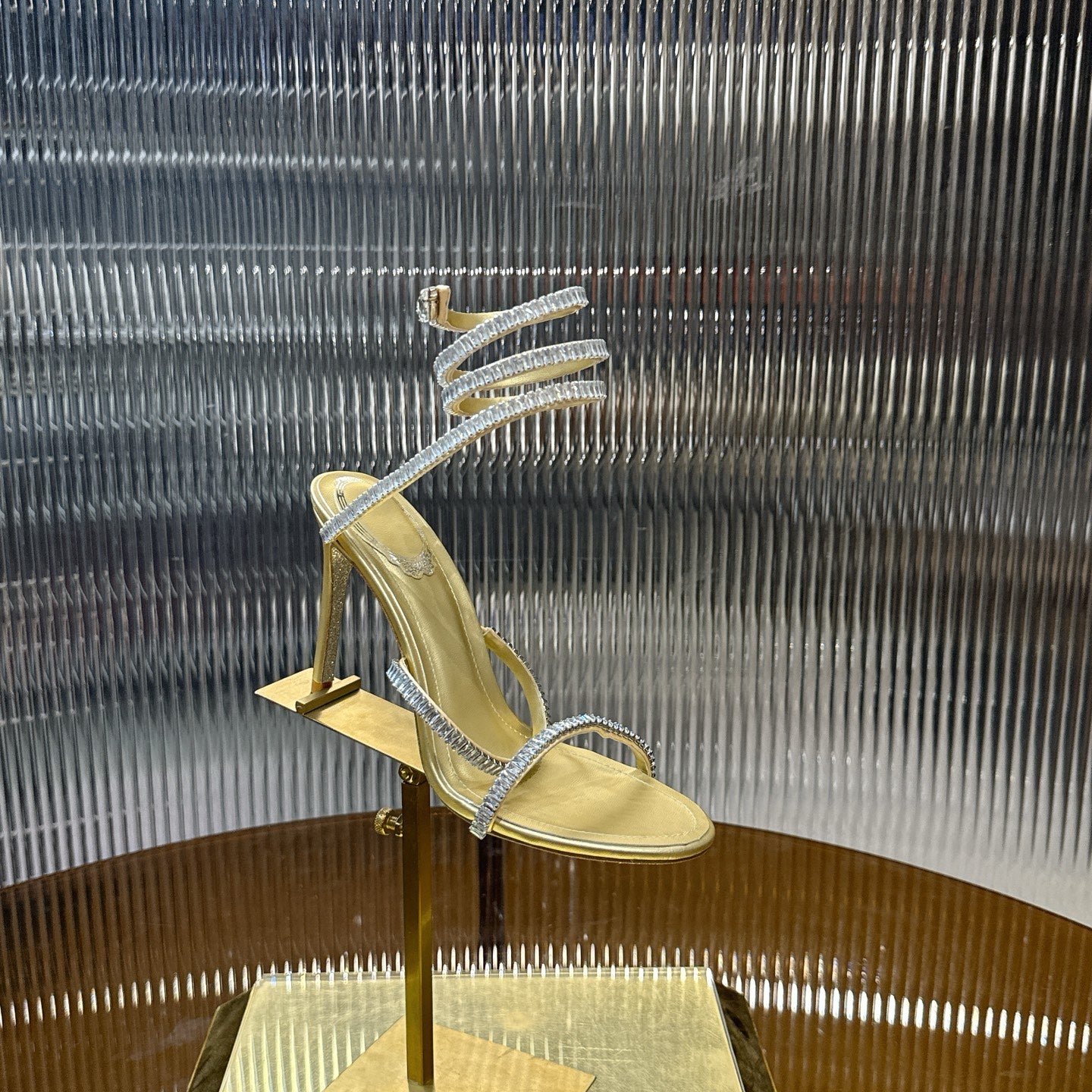 RENE CAOVILLA 26S STILETTO SANDALS 95 MM IN LIGHT GOLD LAMBSKIN