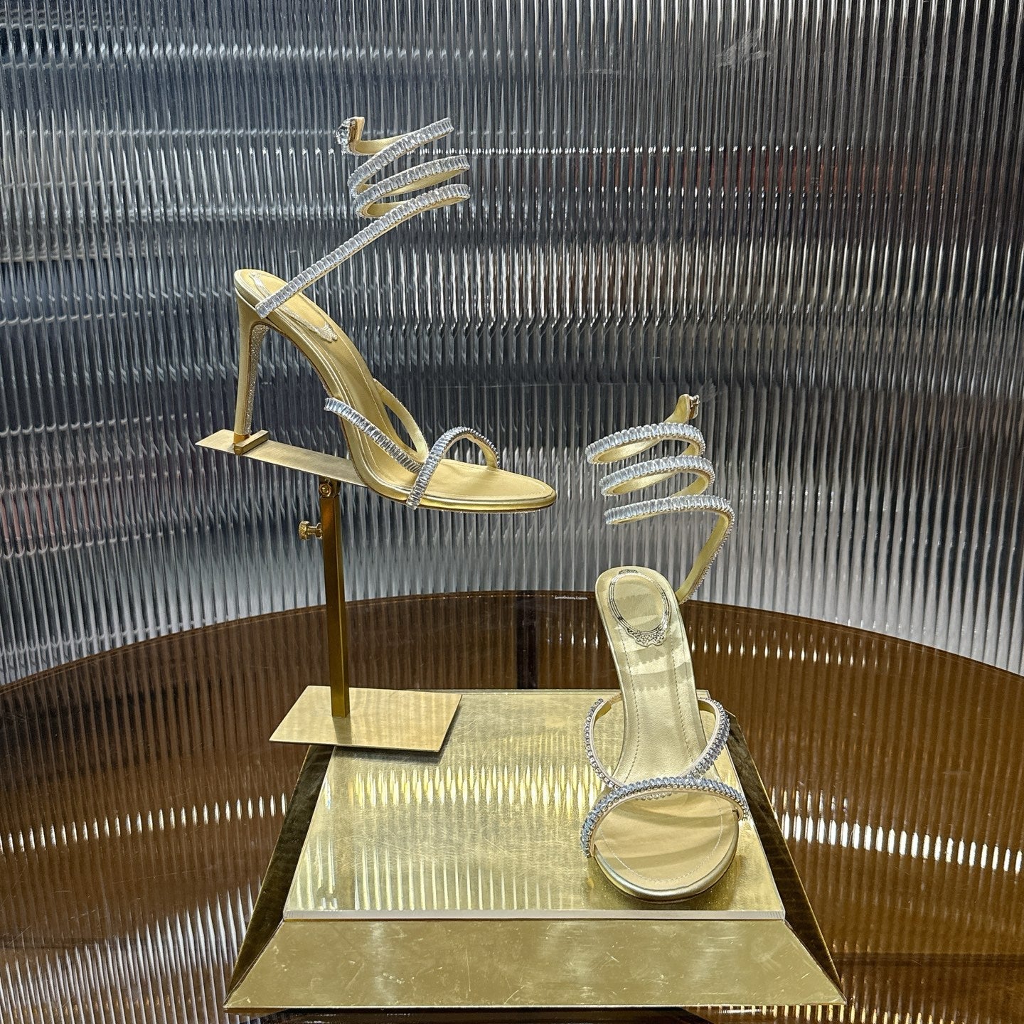 RENE CAOVILLA 26S STILETTO SANDALS 95 MM IN LIGHT GOLD LAMBSKIN