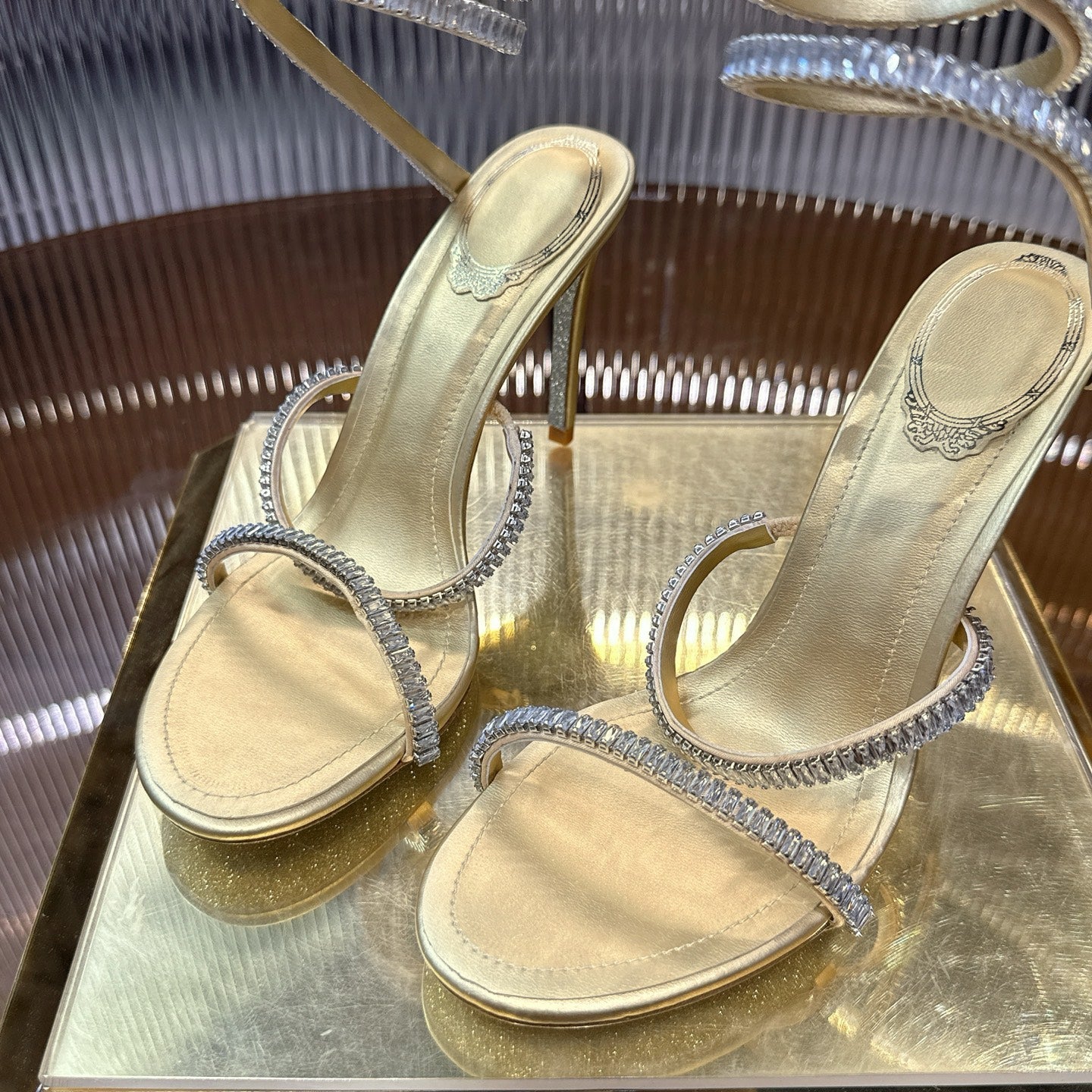 RENE CAOVILLA 26S STILETTO SANDALS 95 MM IN LIGHT GOLD LAMBSKIN