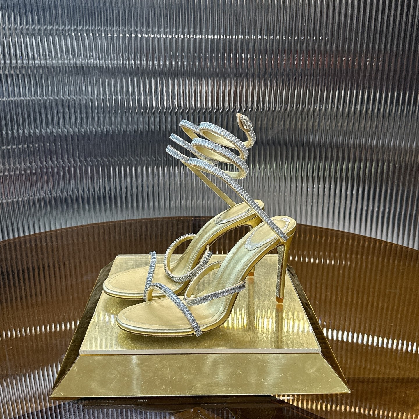 RENE CAOVILLA 26S STILETTO SANDALS 95 MM IN LIGHT GOLD LAMBSKIN